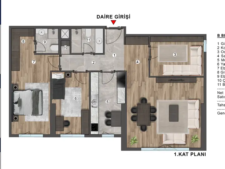 B Blok 3+1 Daire kat planı