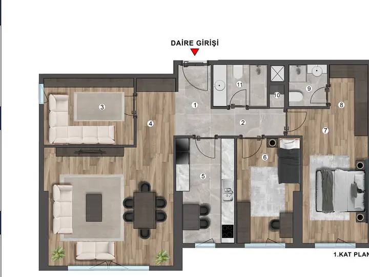B Blok 3+1 Daire kat planı