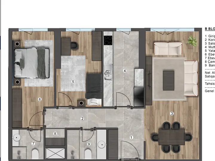 B Blok 2+1 Daire kat planı