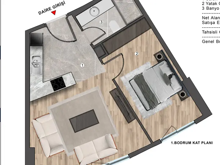E Blok 1+1 Daire kat planı