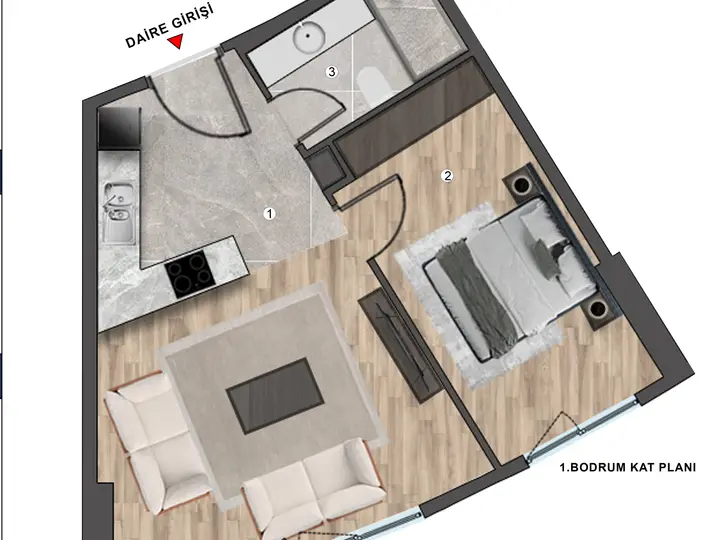 E Blok 1+1 Daire kat planı