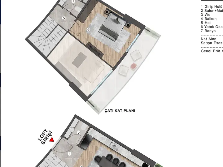 E Blok 1+1 Loft kat planı